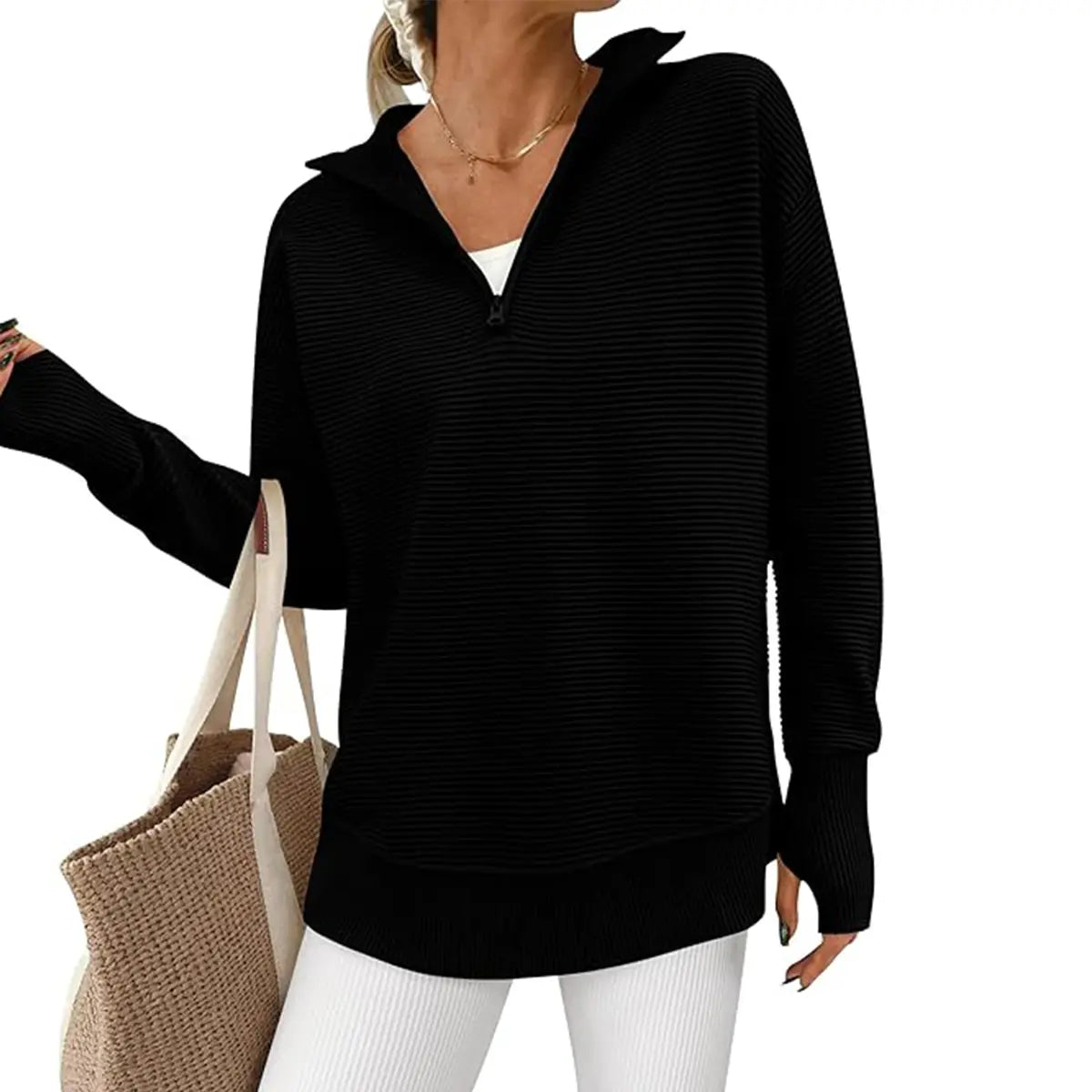 🍂 Cozy Fall Fashion | Women's Long Sleeve Quarter-Zip Pullover Sweater, Loose V-Neck Collared Ribbed Knit Jumper with Thumb Holes ✨