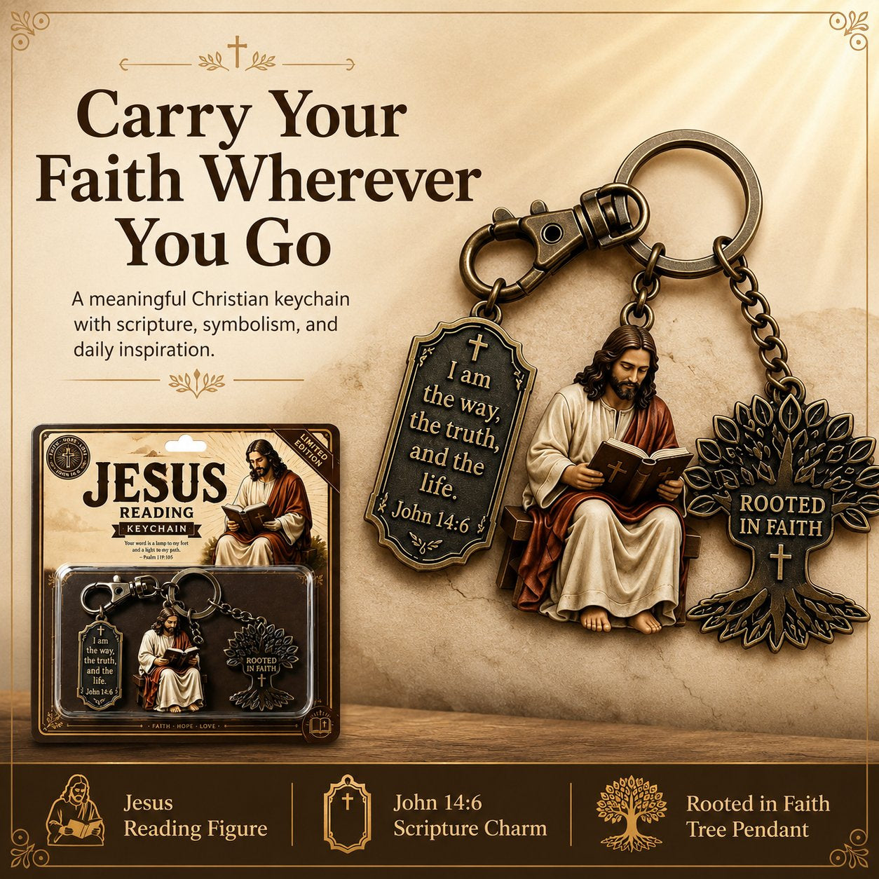 ✝️ Walk in Wisdom | Beautiful "Jesus Reading" Keychain, Premium Stainless Steel Christian Faith Monogram Backpack Charm Gift 🙏