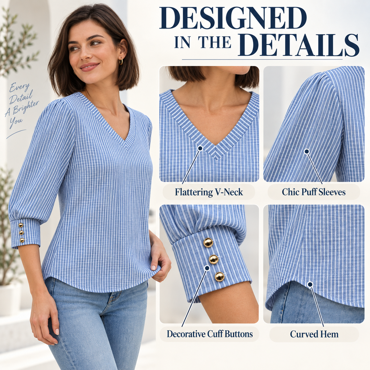 V-neck puff sleeve and button cuff details