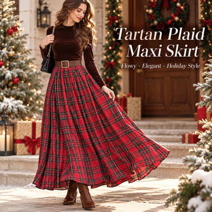 Women’s Tartan Plaid Maxi Skirt – Flowy Holiday Style
