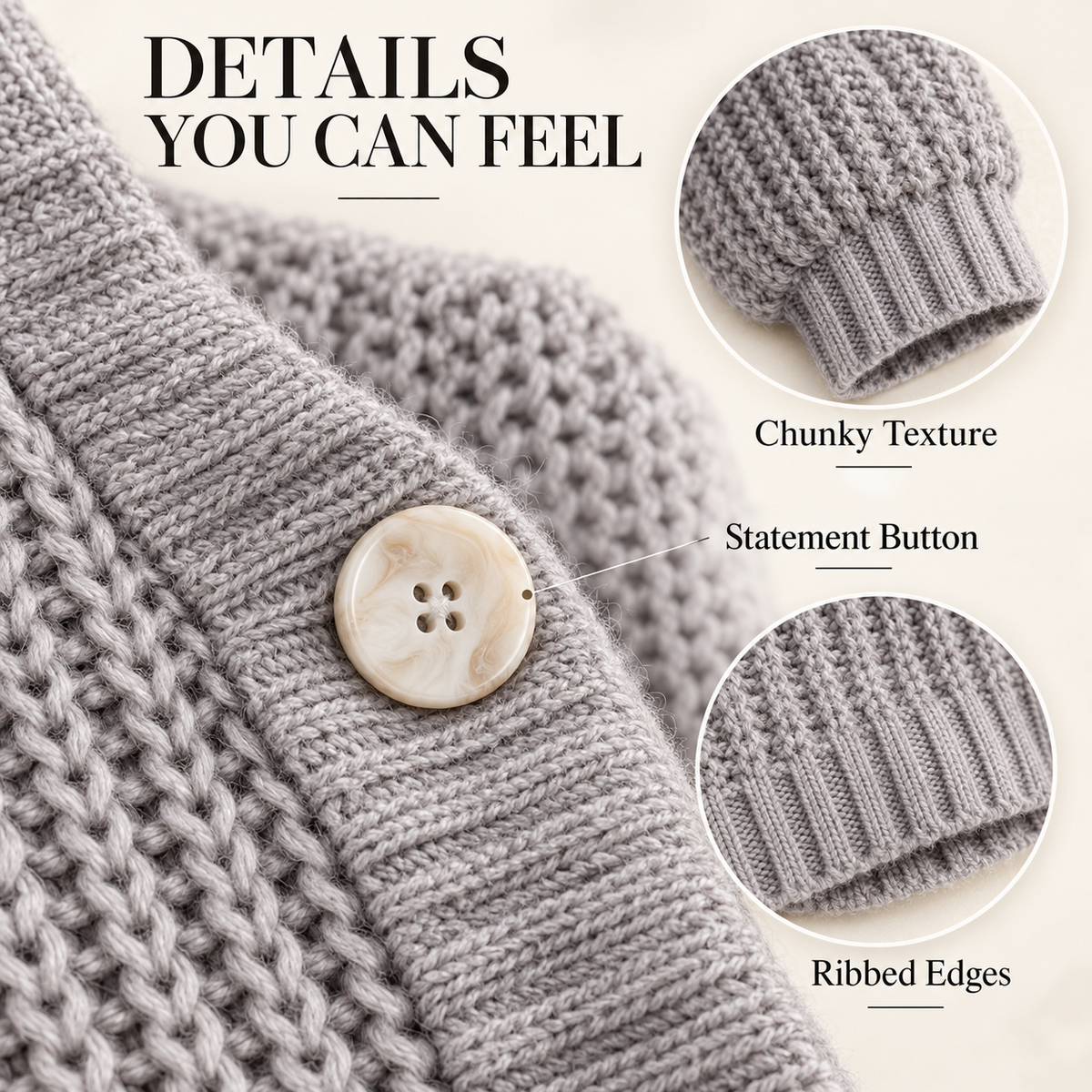 Chunky knit cardigan texture and ribbed details