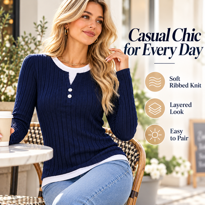 Women's Brushed Faux Two-Piece Long Sleeve Top