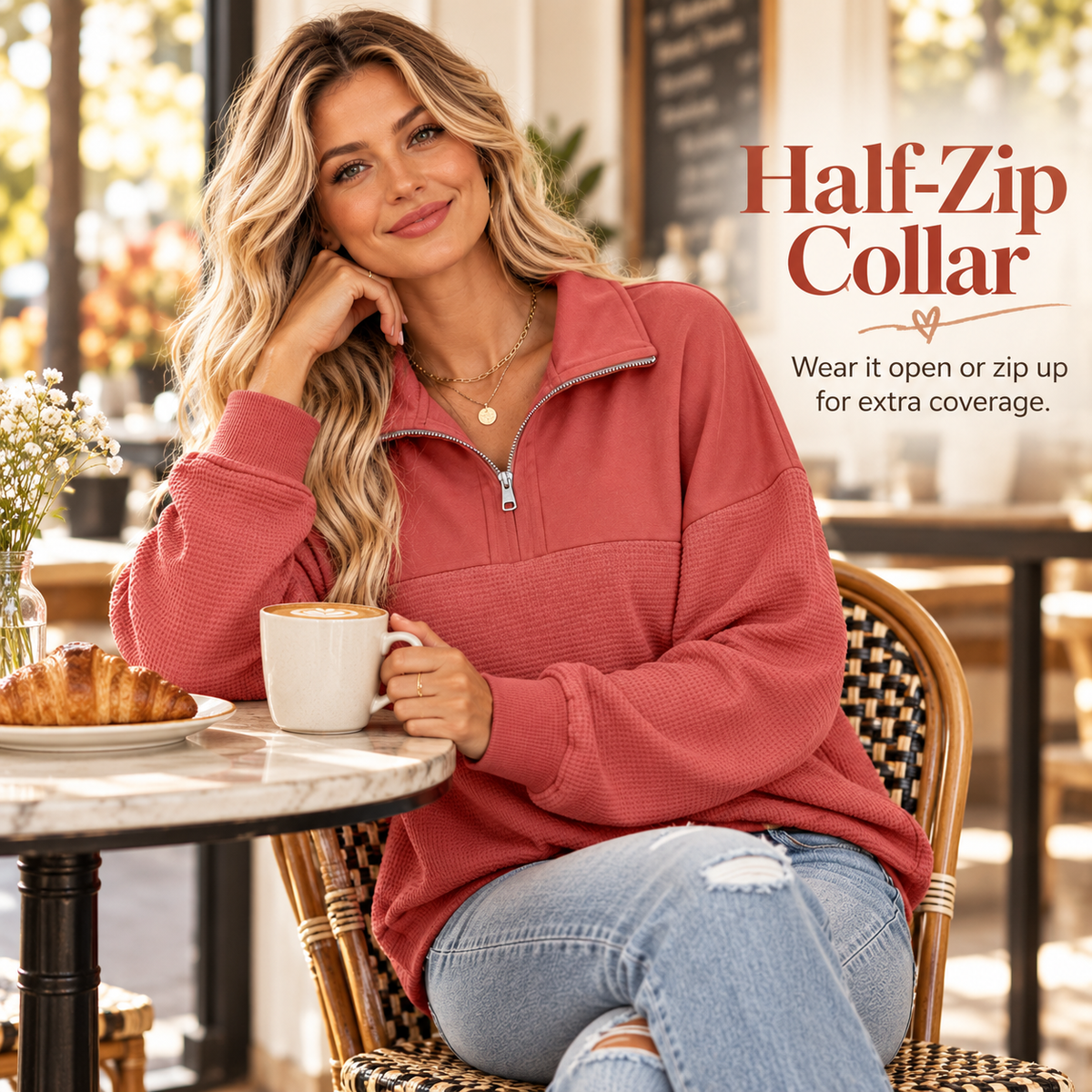 Women’s Oversized Waffle Knit Half-Zip Pullover