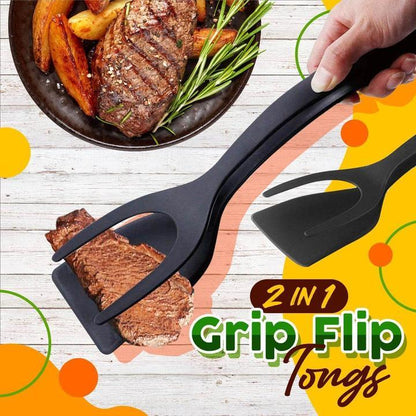 🍳 Flip with Ease | 2-in-1 Multi-Functional Kitchen Spatula Tongs with Food-Grade Silicone Tips 🥩
