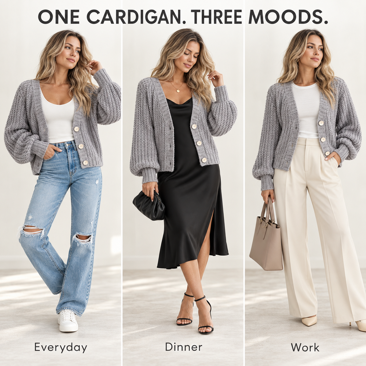 Three ways to style women's chunky knit cardigan