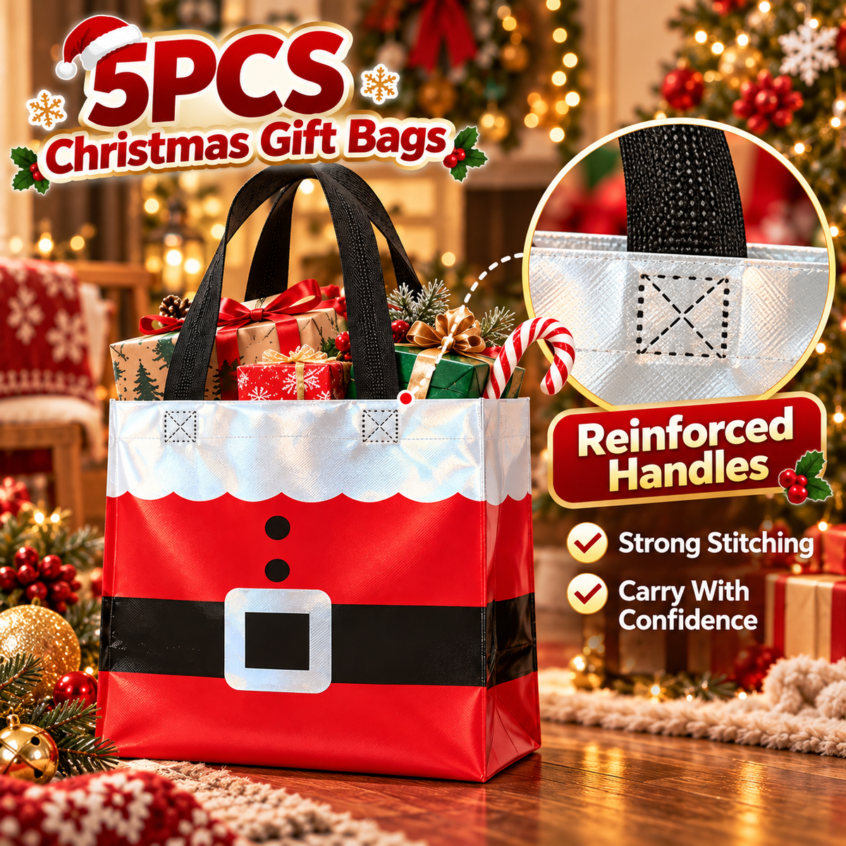 15 Pcs Christmas Clear Gift Bags with Handles & Ribbon