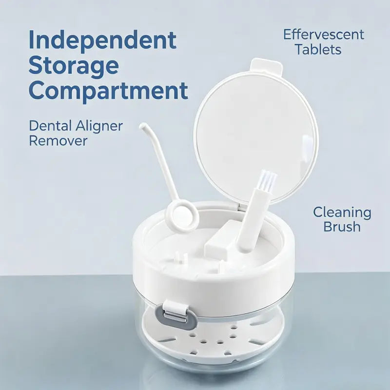 🦷 Smile On the Go | 3-in-1 Portable Retainer Cleaner Case & Denture Soak Container with Mirror, Brush, and Drain Basket 🪞