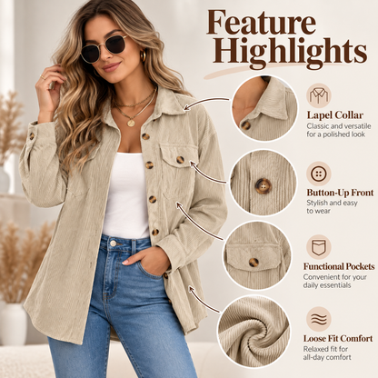 Women’s Corduroy Shacket – Relaxed Fit Button-Up Jacket