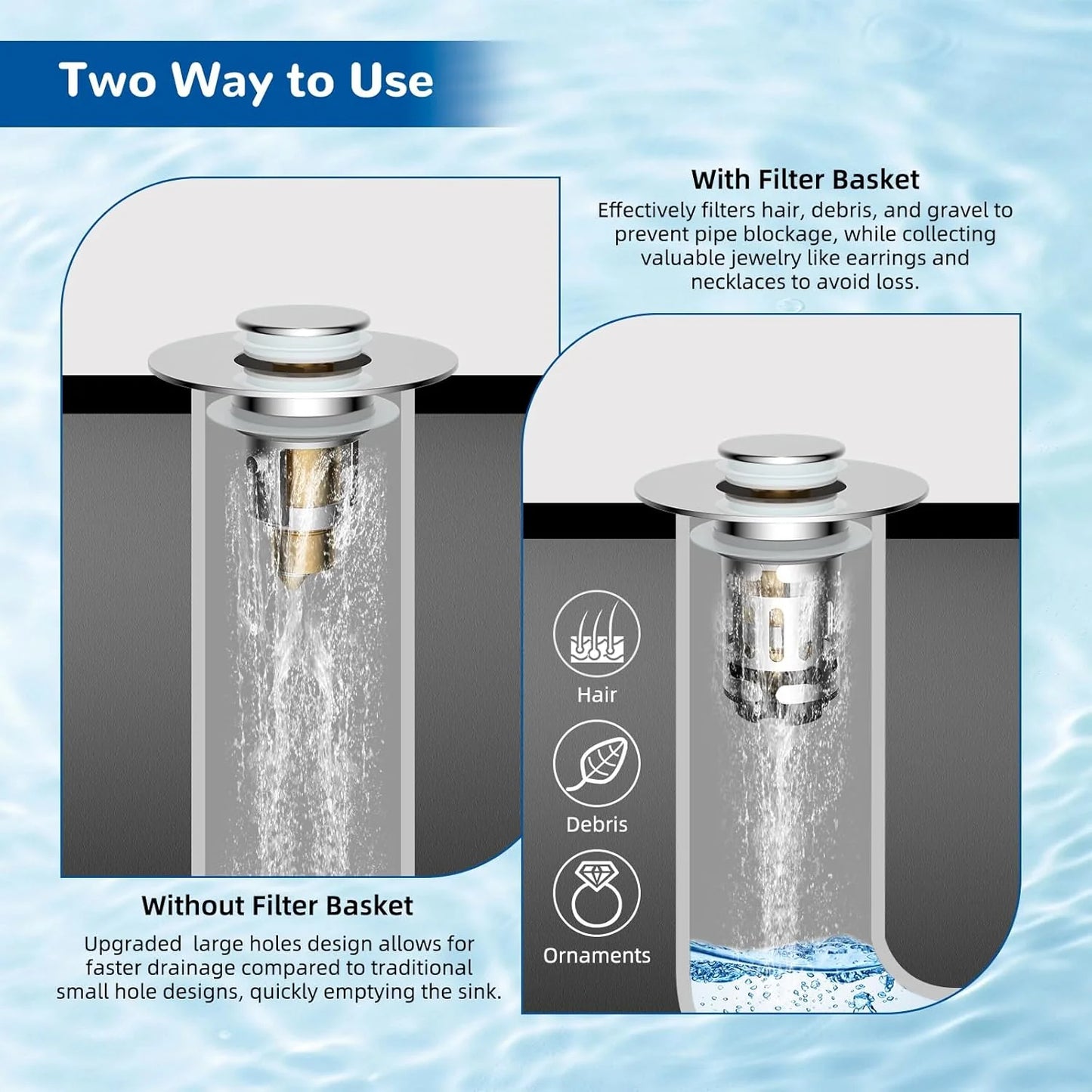 🚰 Zero-Clog Mastery | Upgraded 3-in-1 Universal Pop-Up Bathroom Sink Drain Stopper with Removable Hair Catcher Basket 🛠️