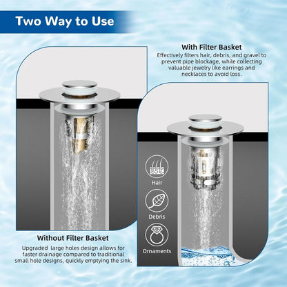 🚰 Zero-Clog Mastery | Upgraded 3-in-1 Universal Pop-Up Bathroom Sink Drain Stopper with Removable Hair Catcher Basket 🛠️