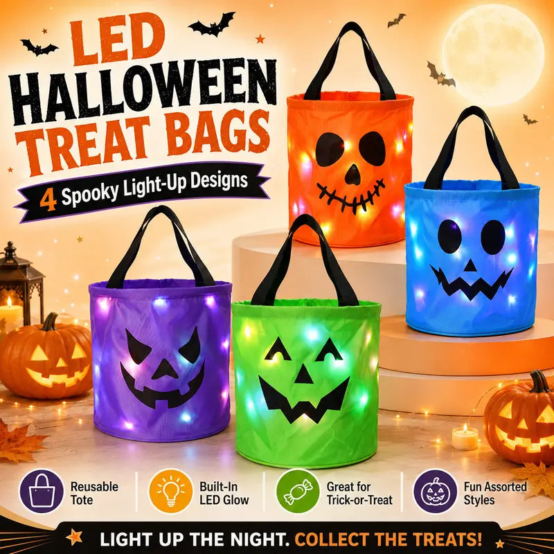 🎃 Glow in the Spooky Night | 3/4 Pcs Halloween Candy Bucket with LED Lights Non-Woven Trick or Treat Bags 👻