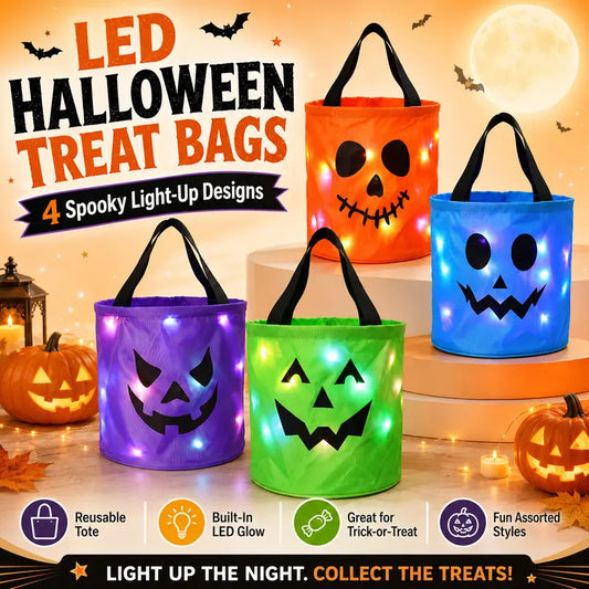 🎃 Glow in the Spooky Night | 3/4 Pcs Halloween Candy Bucket with LED Lights Non-Woven Trick or Treat Bags 👻