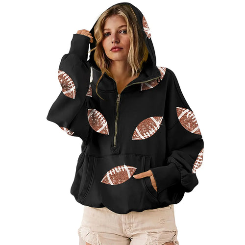 🏈 Steal the Game Day Spotlight | Women's Oversized Half-Zip Football Hoodie with Sequin Detail & Kangaroo Pocket, Casual Long-Sleeve Pullover ✨