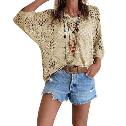 🌸 Boho Vacation Vibe | Women's Bohemian-Inspired Beige Crochet V-Neck Top & Lightweight Summer Cover-Up ✨