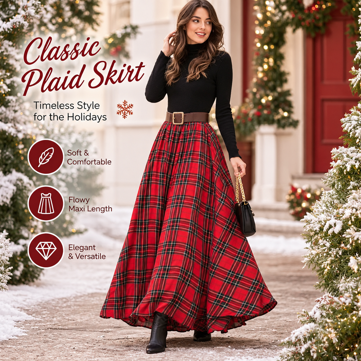 Women’s Tartan Plaid Maxi Skirt – Flowy Holiday Style