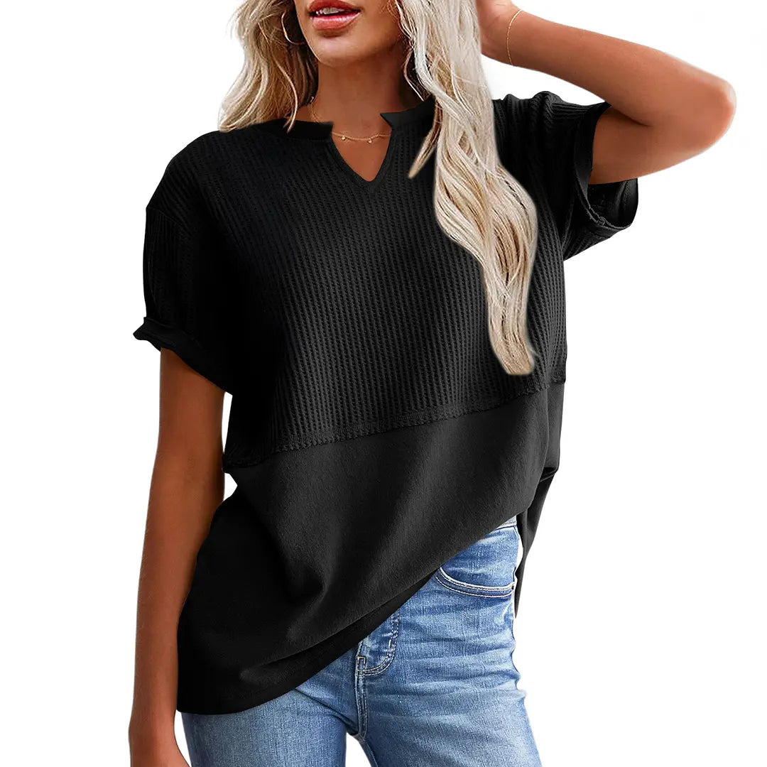 👗 Flattering & Slimming | Women's Plus Size V-Neck Short Sleeve Knit Top Casual Oversized Ribbed Tee ✨