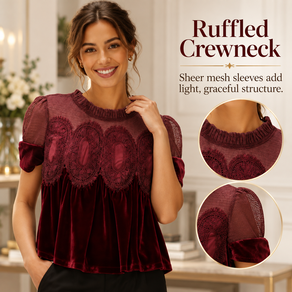 Women's Vintage Velvet Lace Blouse