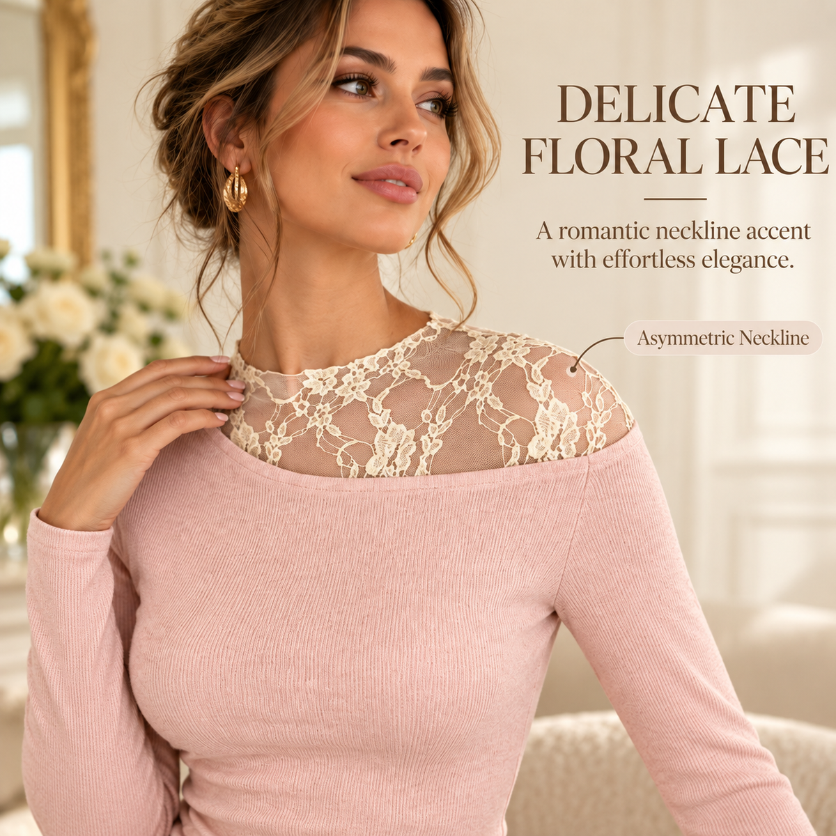 Women's Elegant Asymmetrical Lace Neckline Long Sleeve Top
