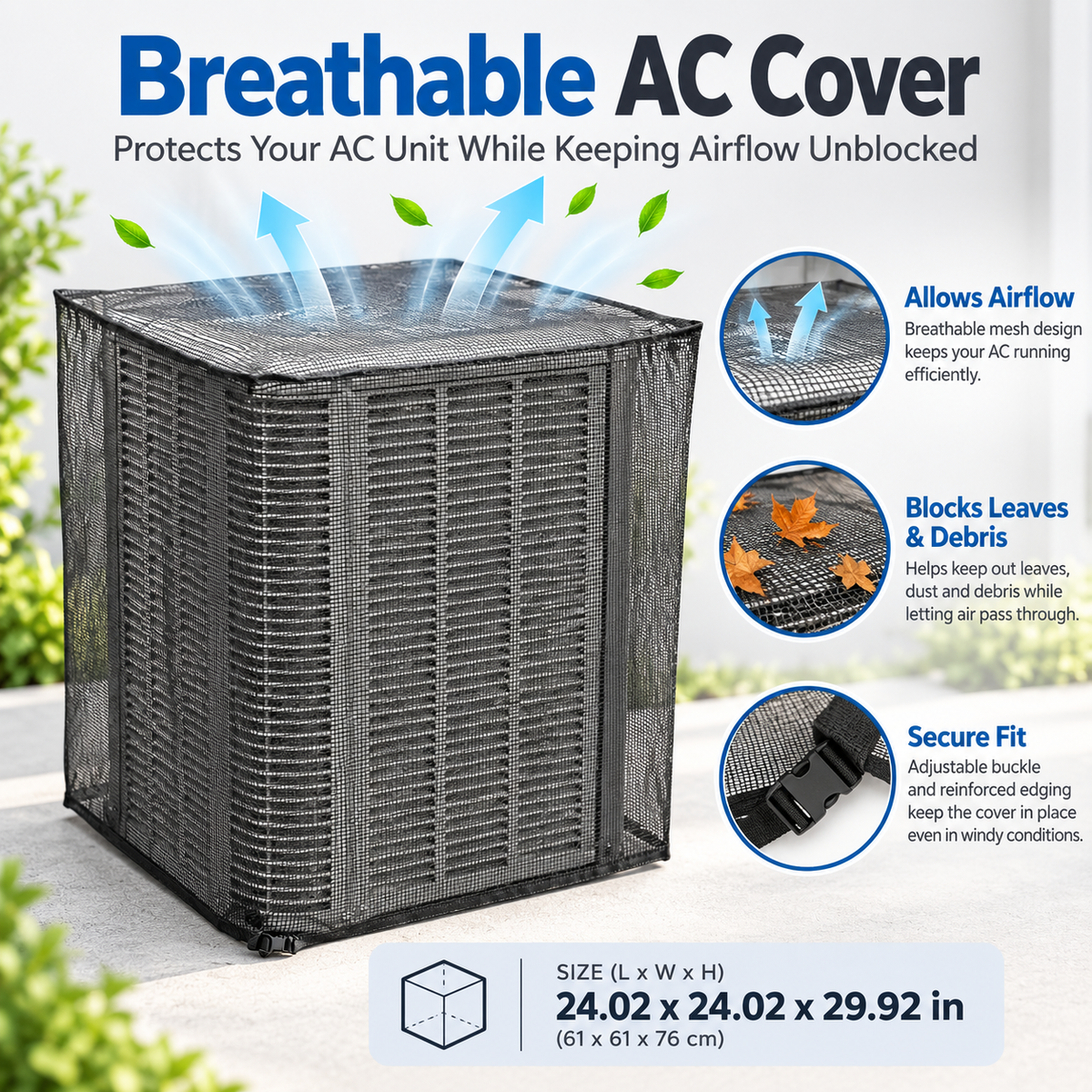 Breathable AC cover allowing airflow while blocking leaves and debris