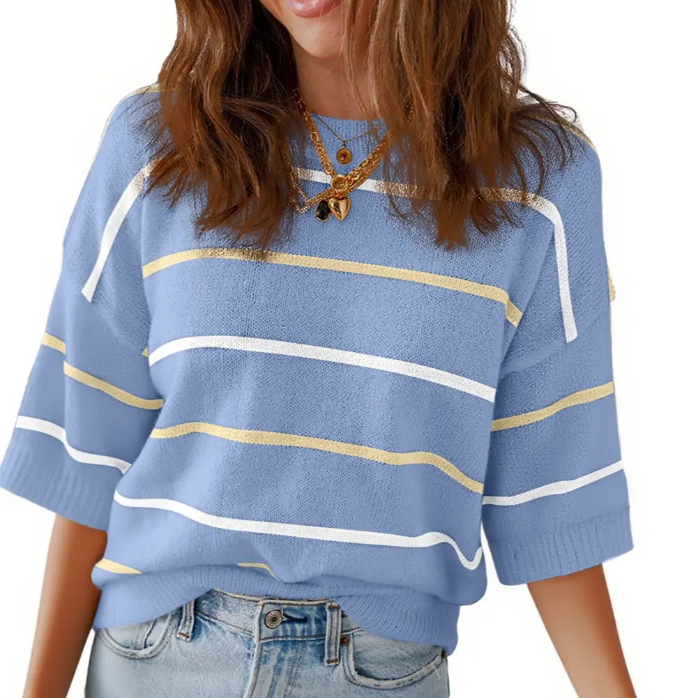 👗 French Riviera Chic | Women's Striped Knit Crew Neck Short-Sleeve Pullover & Loose-Fit Ribbed Rib-Knit Tee ✨