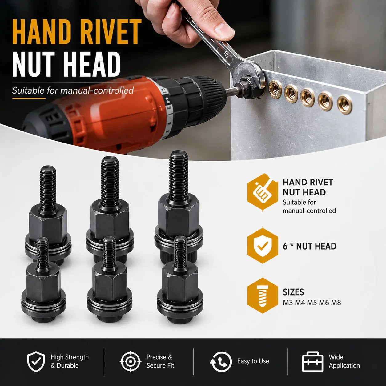 🛠️ Heavy-Duty Riveting Essentials | Head Rivet Nut Tool Kit (M3 M4 M5 M6 M8), Carbon Steel Threaded Rivnut Set & Manual Riveter Accessories ✨