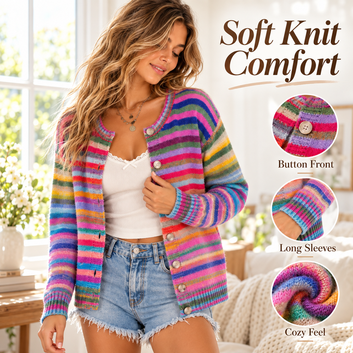 Women's striped cardigan soft knit button and sleeve details