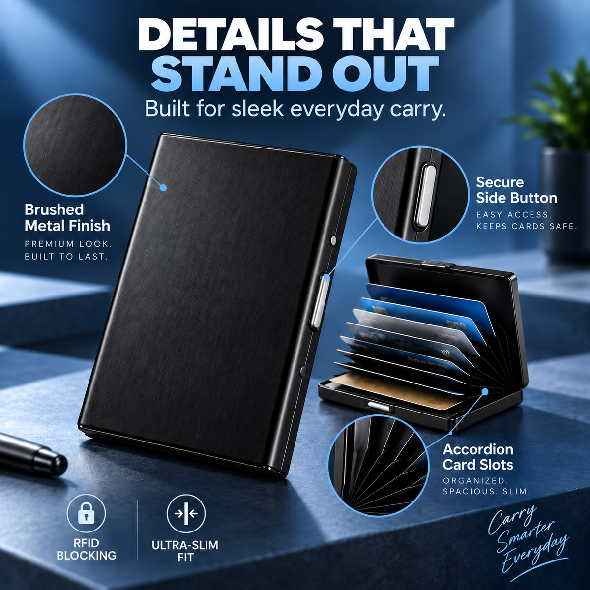 Slim RFID Blocking Leather & Metal Card Holder
