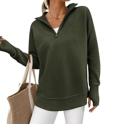🍂 Cozy Fall Fashion | Women's Long Sleeve Quarter-Zip Pullover Sweater, Loose V-Neck Collared Ribbed Knit Jumper with Thumb Holes ✨
