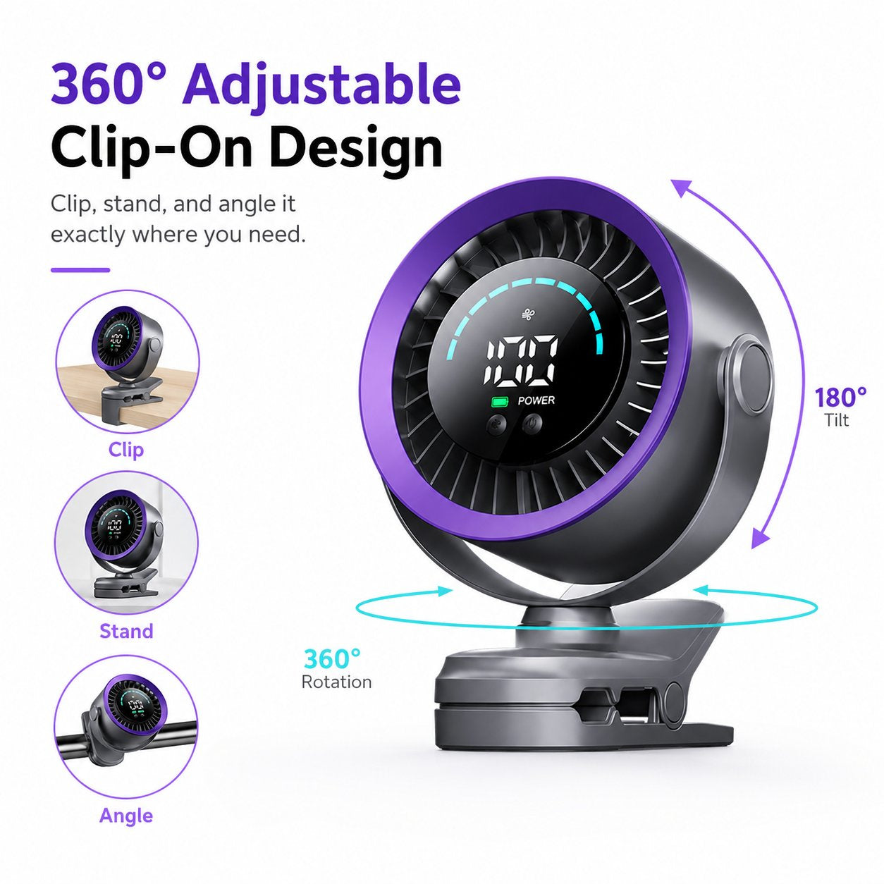 4000mAh Rechargeable Portable Clip on Fan-100-Speed Touch Control