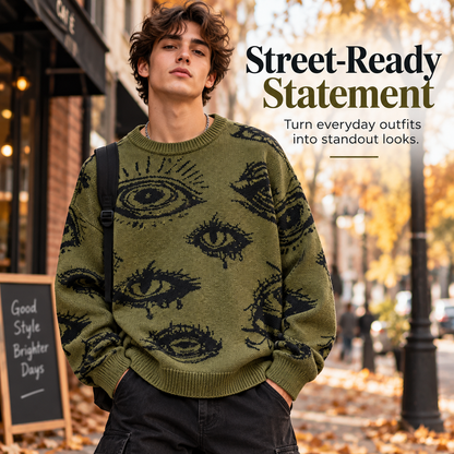 All-Over Eye Graphic Oversized Knit Sweater