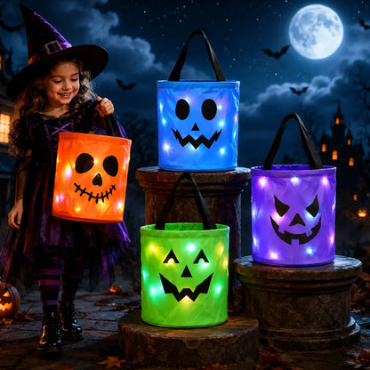 🎃 Glow in the Spooky Night | 3/4 Pcs Halloween Candy Bucket with LED Lights Non-Woven Trick or Treat Bags 👻