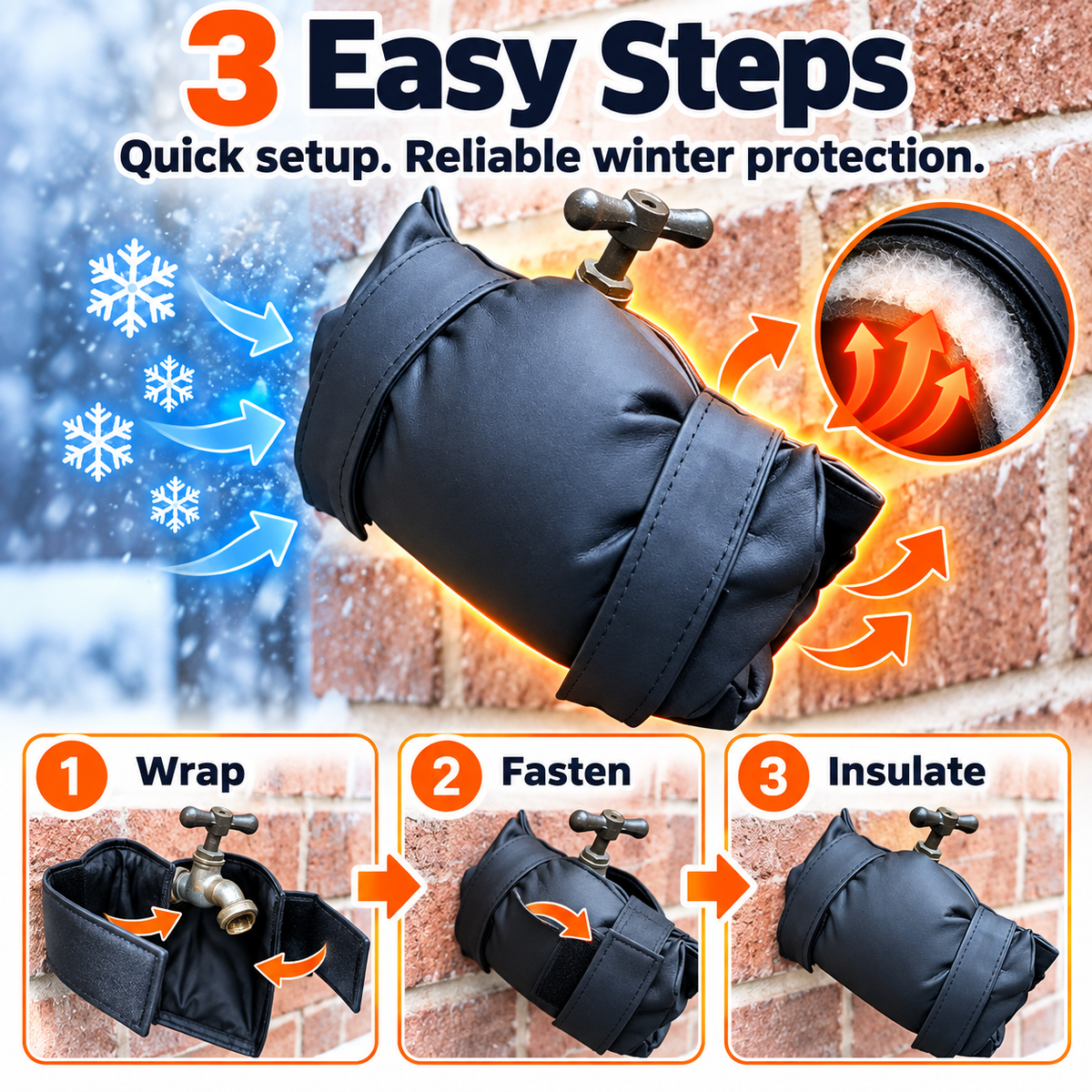Three-step installation for insulated outdoor faucet cover