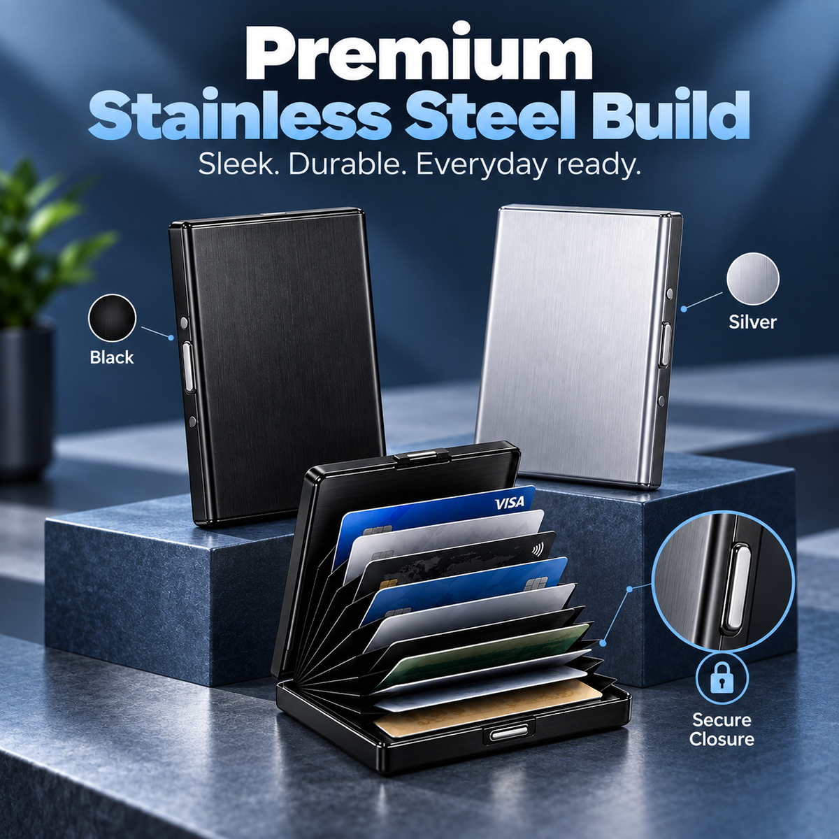 Black and silver stainless-steel card cases