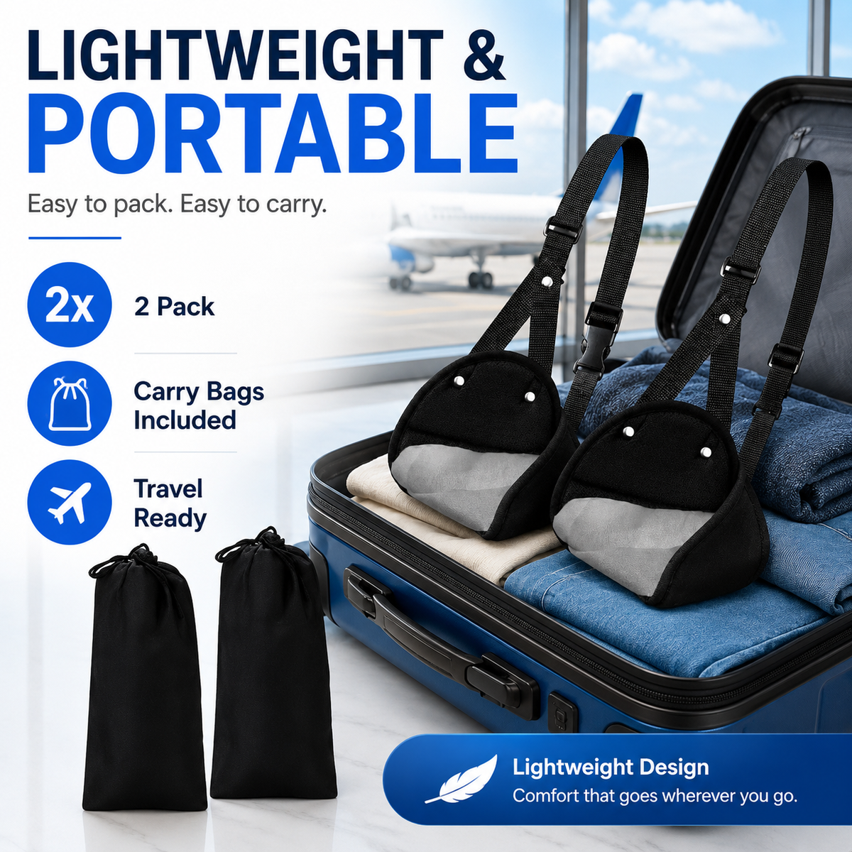 Portable travel footrests and storage bags