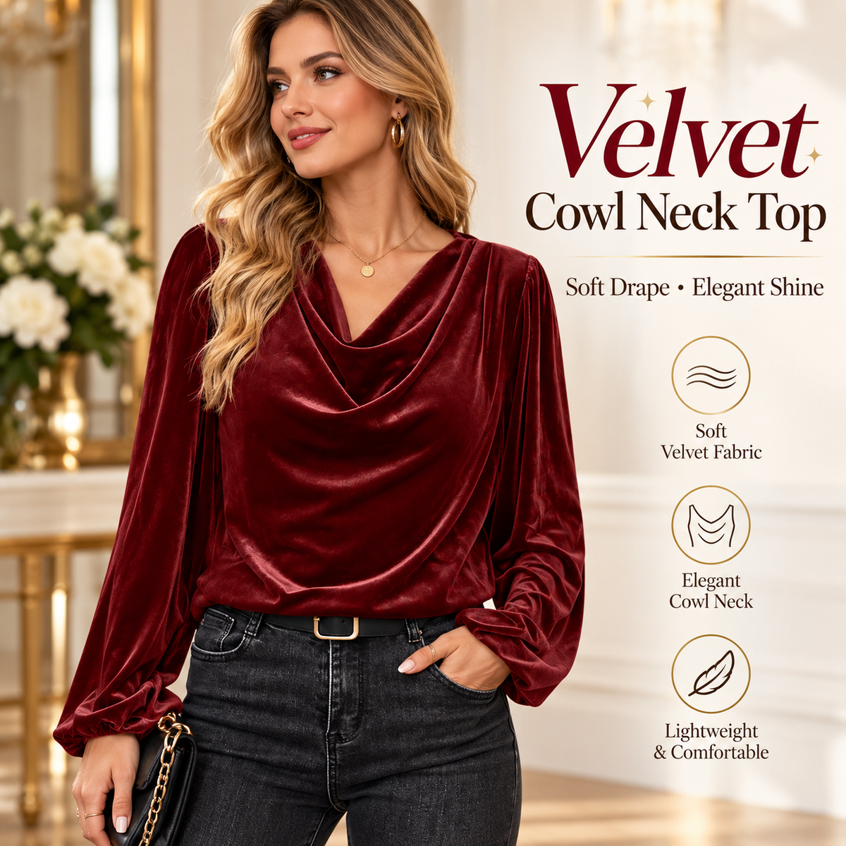 Women's burgundy velvet cowl neck top