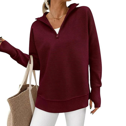 🍂 Cozy Fall Fashion | Women's Long Sleeve Quarter-Zip Pullover Sweater, Loose V-Neck Collared Ribbed Knit Jumper with Thumb Holes ✨