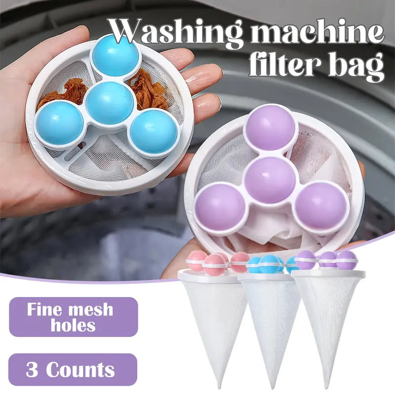 🧺 Hairless Laundry | 3-Pack Reusable Floating Washing Machine Hair & Lint Filter Bags 🐕✨