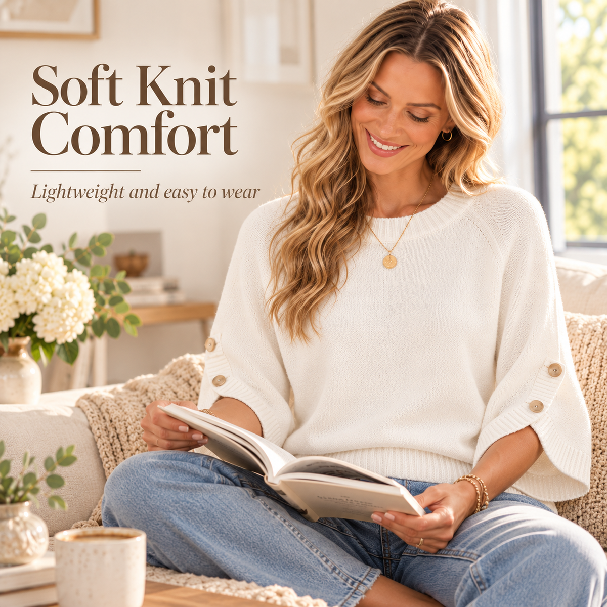 Women's 3/4 Sleeve Knit Sweater with Button-Detail Cuffs
