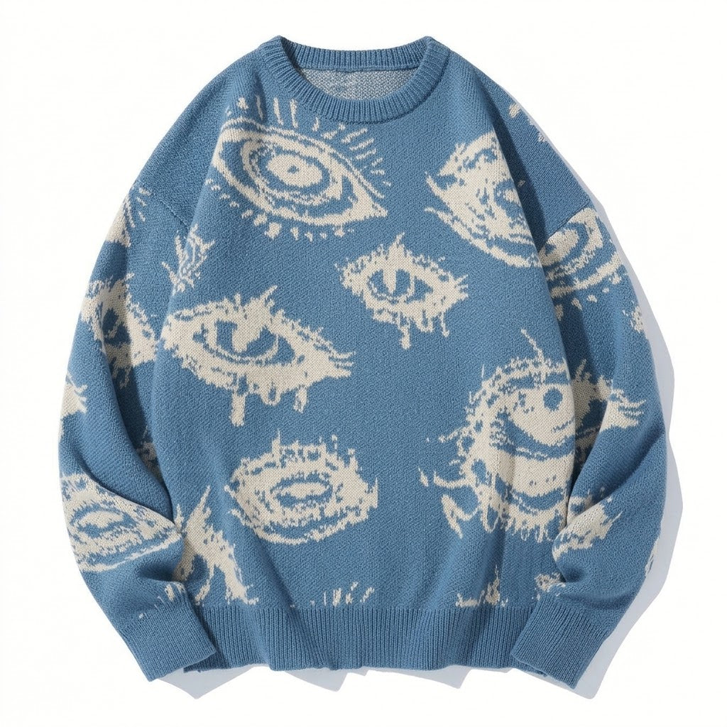 All-Over Eye Graphic Oversized Knit Sweater