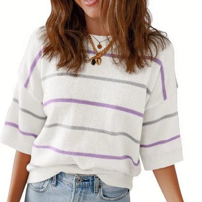 👗 French Riviera Chic | Women's Striped Knit Crew Neck Short-Sleeve Pullover & Loose-Fit Ribbed Rib-Knit Tee ✨