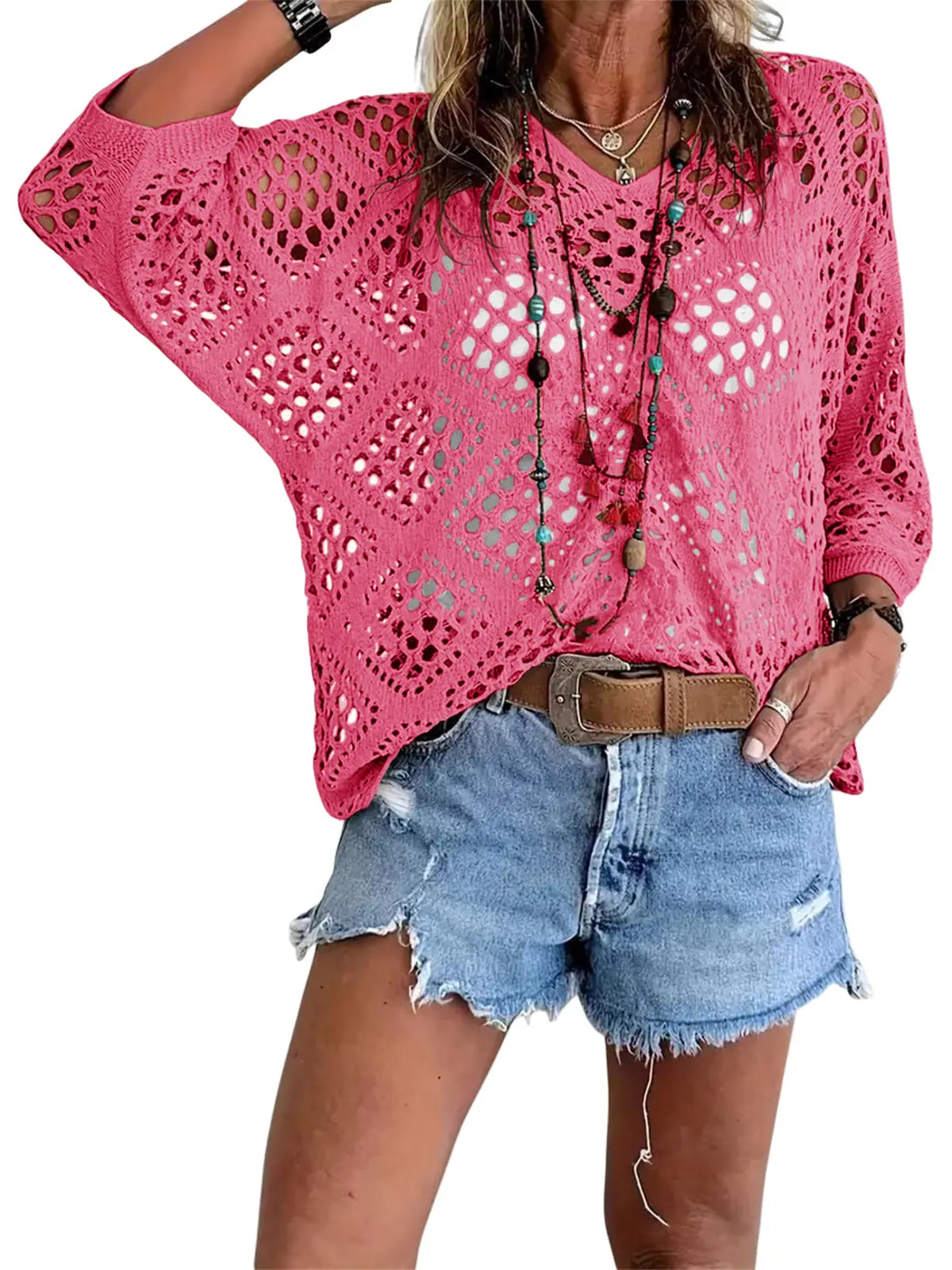 🌸 Boho Vacation Vibe | Women's Bohemian-Inspired Beige Crochet V-Neck Top & Lightweight Summer Cover-Up ✨