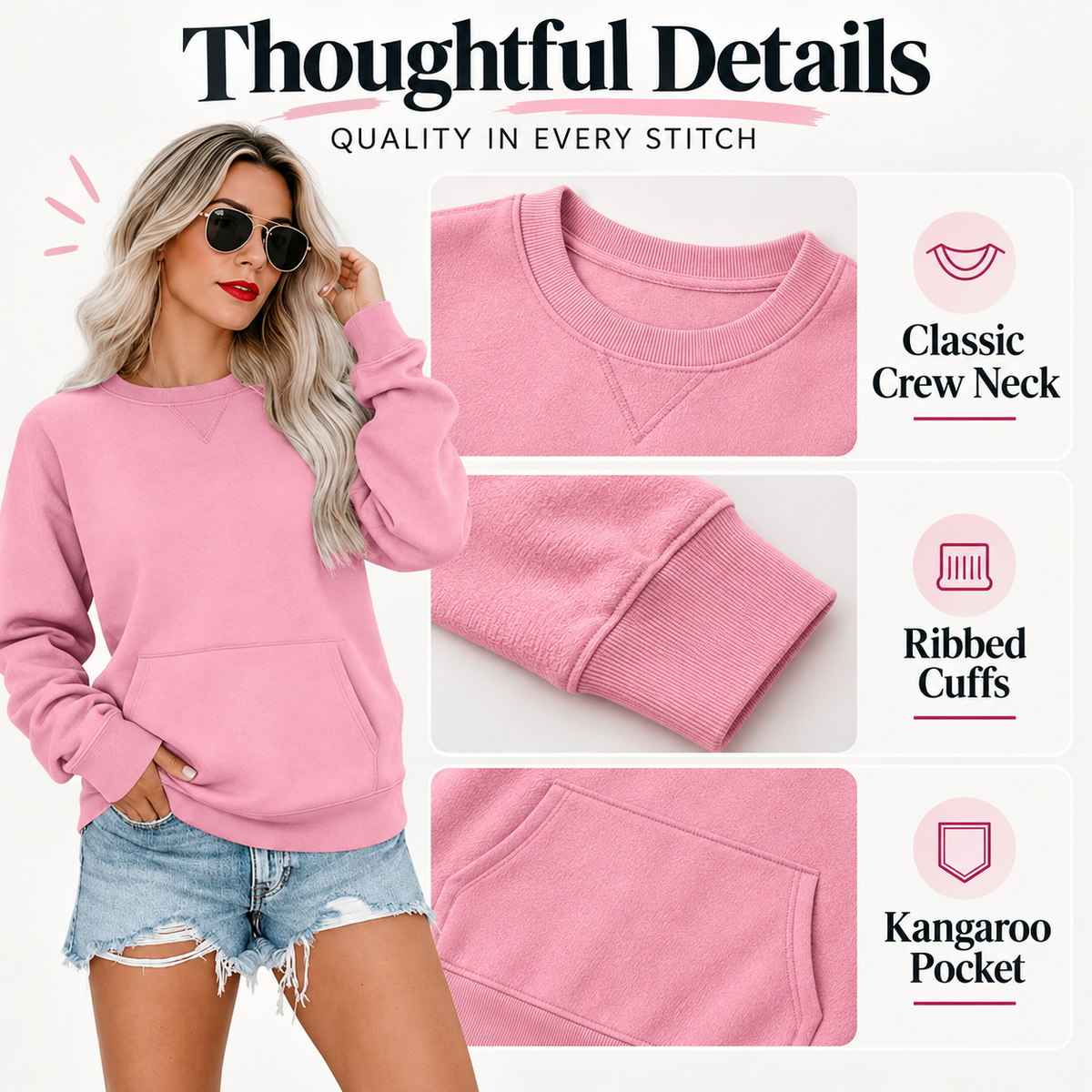 Women's Oversized Crewneck Sweatshirt with Kangaroo Pocket
