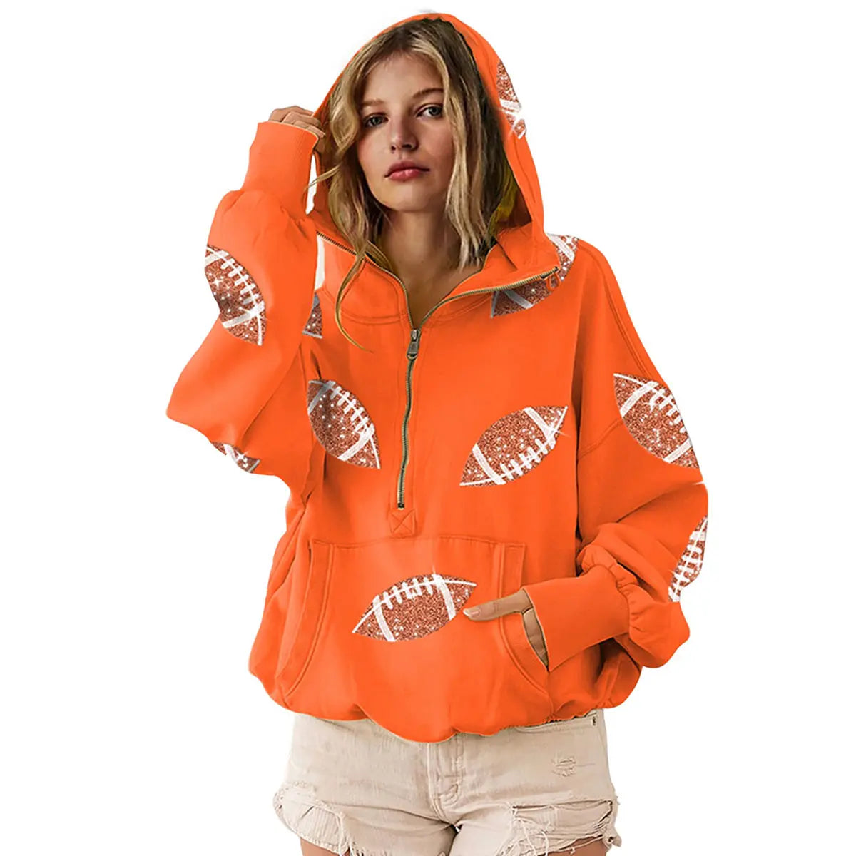 🏈 Steal the Game Day Spotlight | Women's Oversized Half-Zip Football Hoodie with Sequin Detail & Kangaroo Pocket, Casual Long-Sleeve Pullover ✨