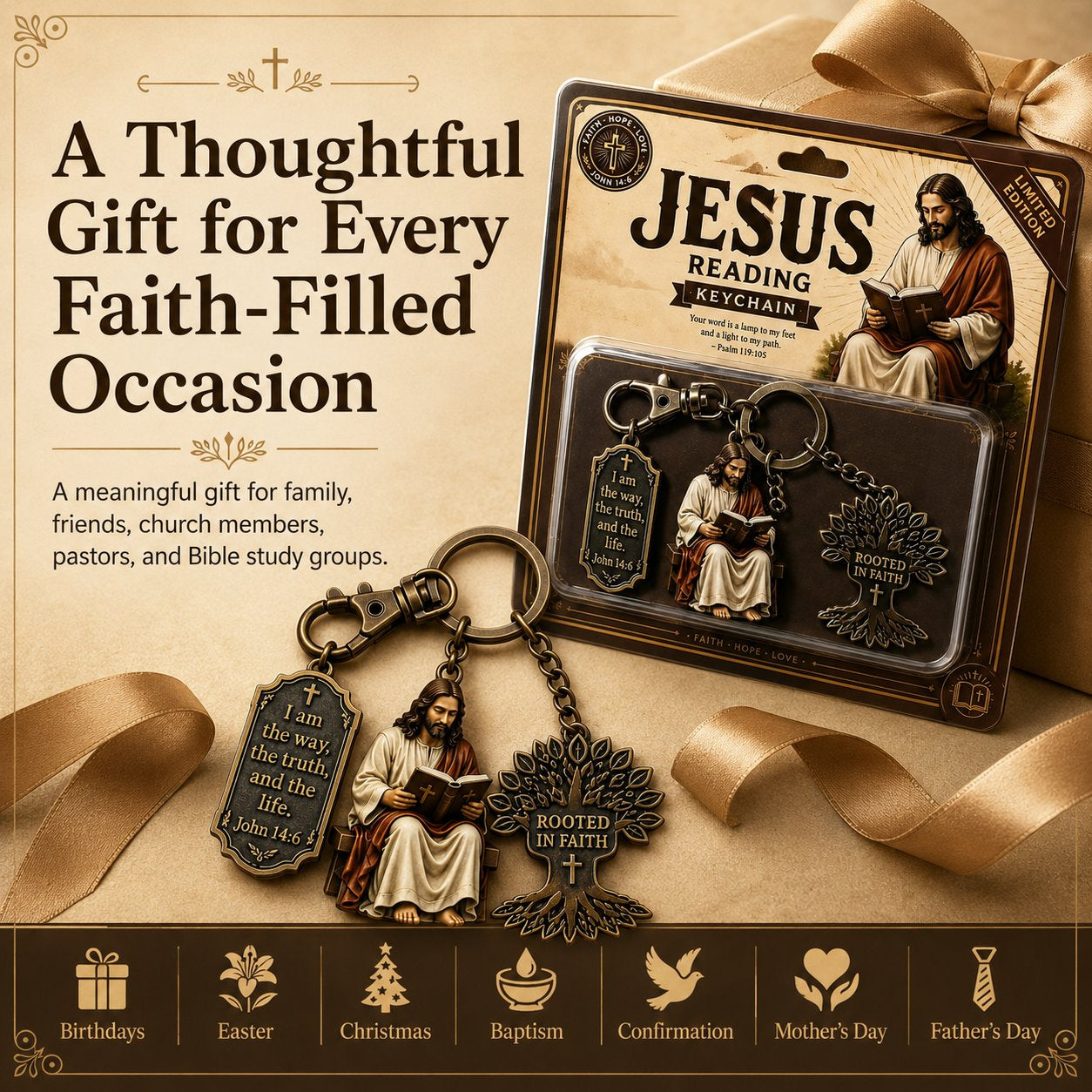 ✝️ Walk in Wisdom | Beautiful "Jesus Reading" Keychain, Premium Stainless Steel Christian Faith Monogram Backpack Charm Gift 🙏