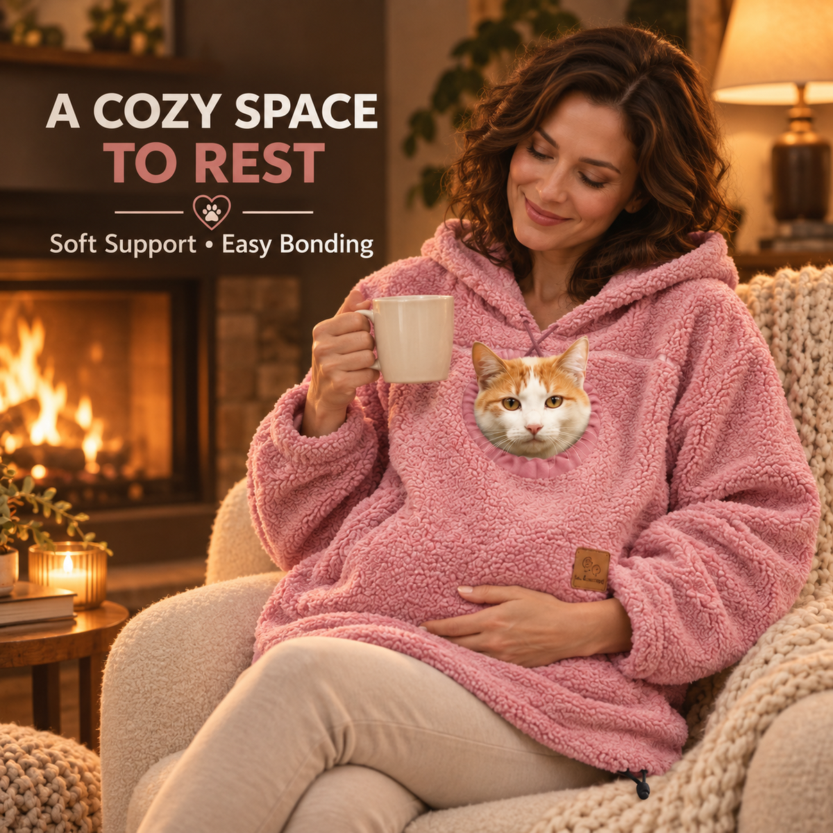 Woman relaxing at home with cat in hoodie pouch