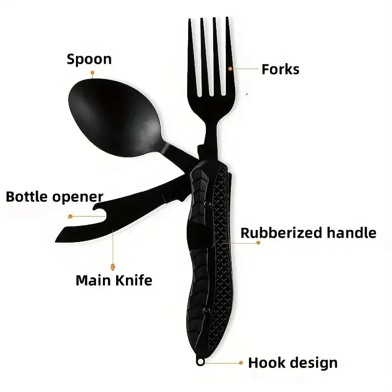 4 in 1 camping utensil with fork spoon knife and bottle opener