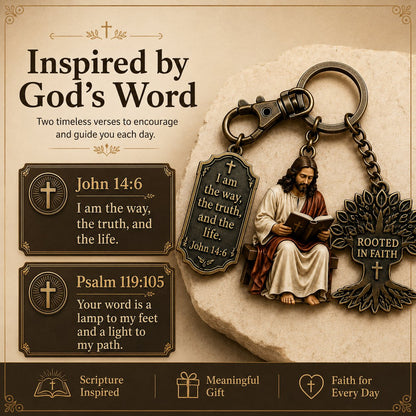 ✝️ Walk in Wisdom | Beautiful "Jesus Reading" Keychain, Premium Stainless Steel Christian Faith Monogram Backpack Charm Gift 🙏