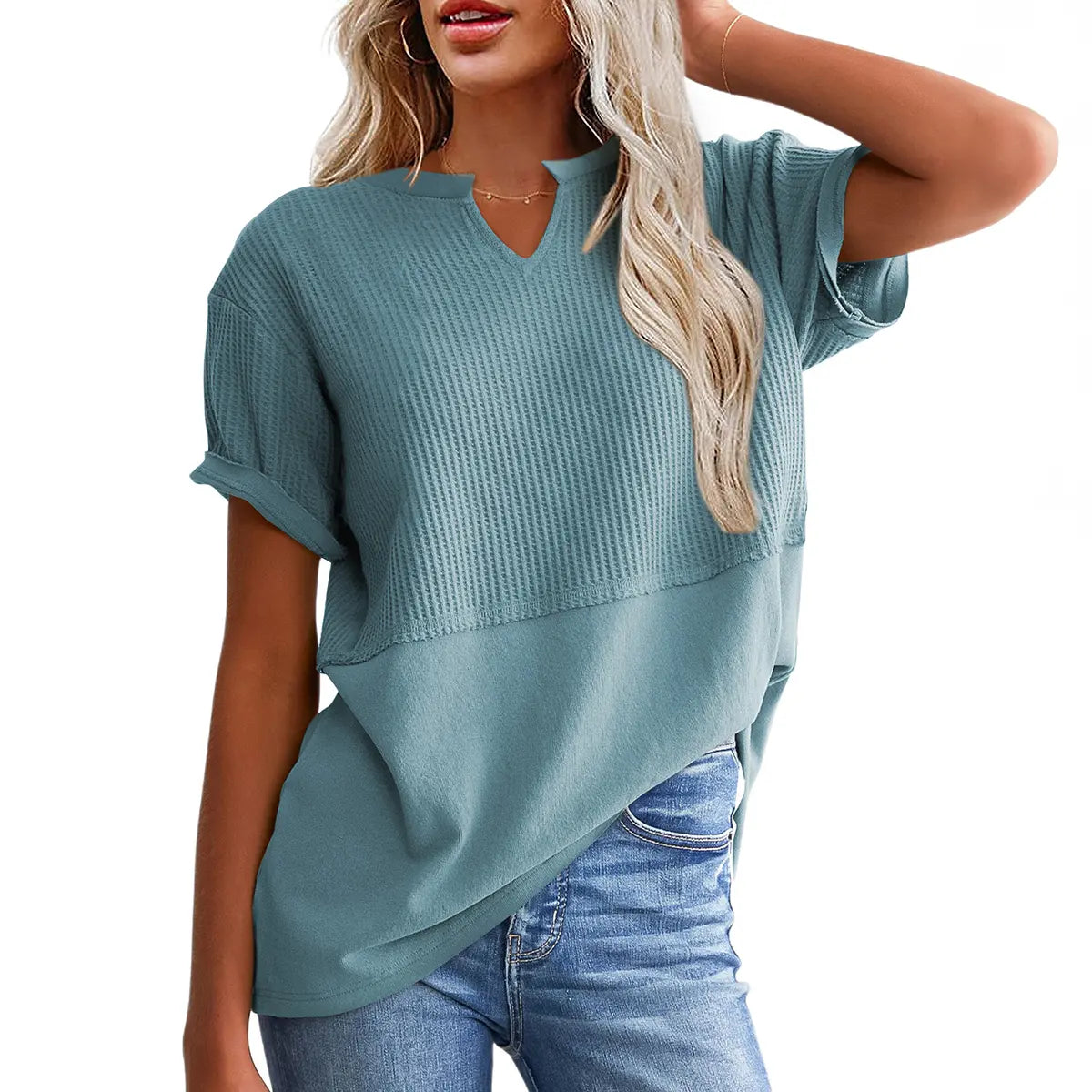 👗 Flattering & Slimming | Women's Plus Size V-Neck Short Sleeve Knit Top Casual Oversized Ribbed Tee ✨