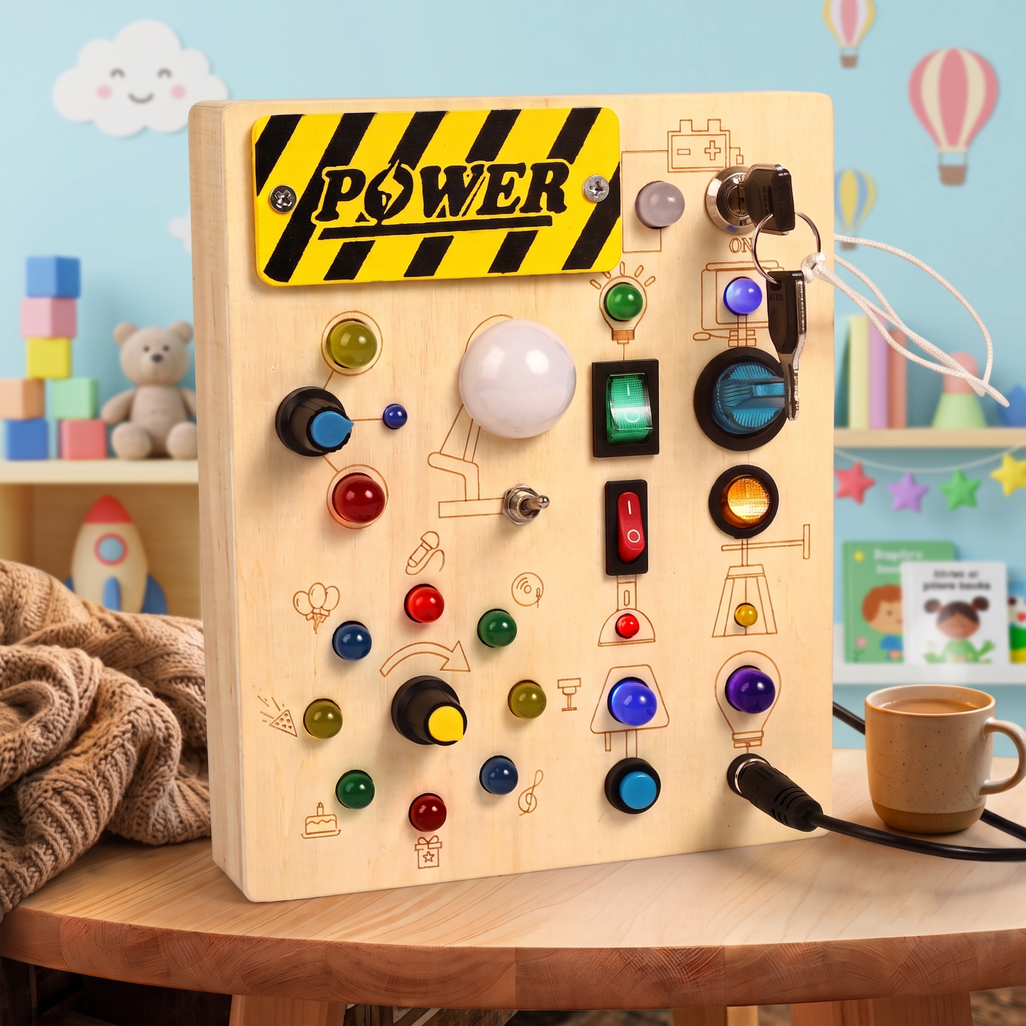 💡 Satisfy Creative Curiosity | Montessori Sensory Wooden Busy Board with LED Light-Up Switches, Portable Fine Motor Skills Quiet Toy for Toddlers 🧸