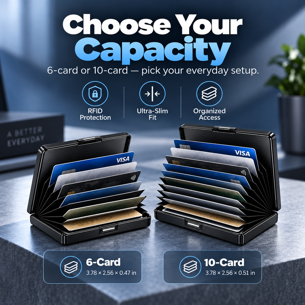 Six-card and ten-card RFID case size comparison
